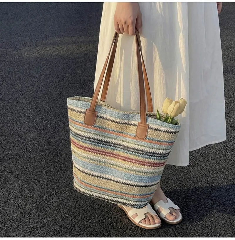 

Women's Striped Woven Large Capacity Tote Bag, Casual Shoulder Handbag for Ladies, Suitable for Beach Vacation, Daily Commute