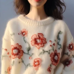 England Winter New Crew Neck Fashion Embroidery Floral Soft Knitted Warm Undershirt Female All-match Solid Color Thick Sweater