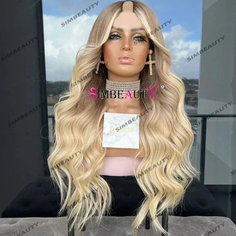 Perruques de cheveux humains en U Part Body Wave pour femmes, perruques en surbrillance blonde platine, perruques en U d'ouverture 1x4 avec 6clips, cheveux naturels