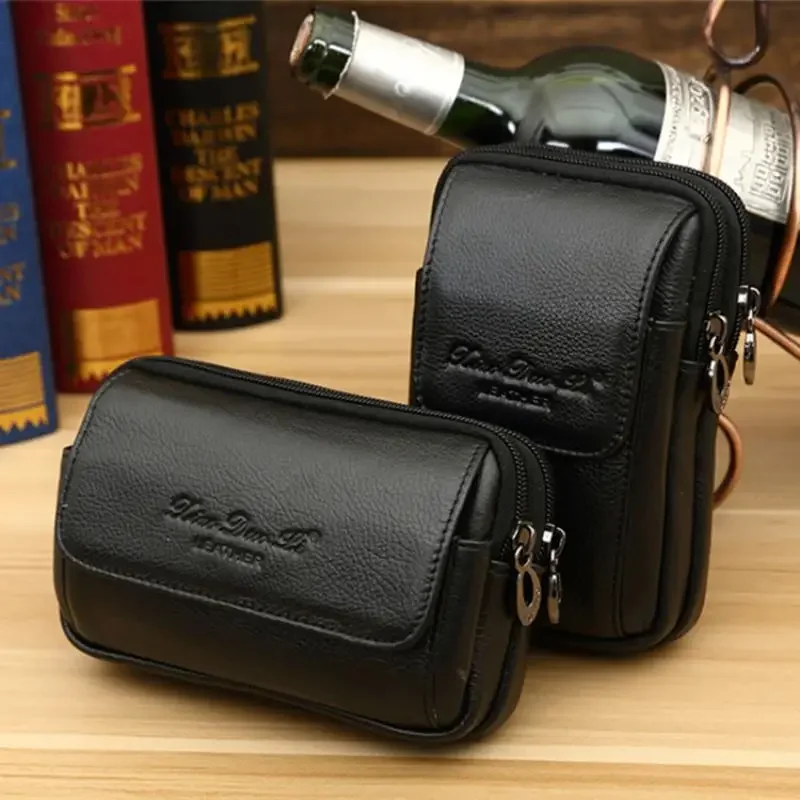 Men Genuine Leather Cell/Mobile Phone Case Bag Coin Cigarette ID Card Male Natural Skin Belt Bum Fanny Waist Pack Bags Purse