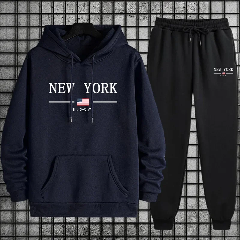 Мужская спортивная одежда, толстовка + брюки, комплект из 2 предметов, осень-зима, повседневный повседневный спортивный спортивный костюм, мужской городской модный костюм с капюшоном