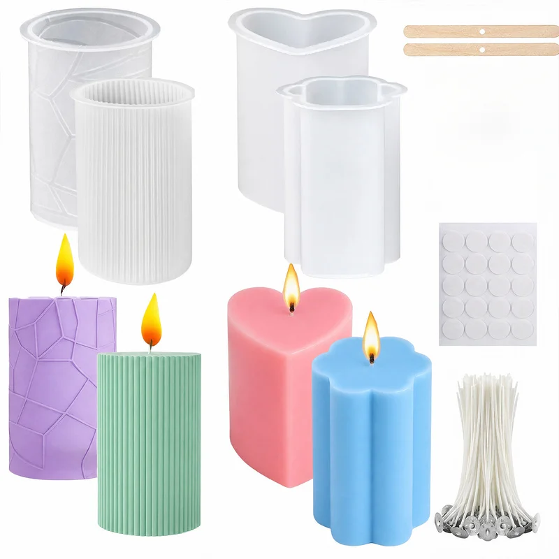 4 Patterned cylindrical mold set，Include4Reusable molds and2Wooden strips with holes，50The root of the wick and1Sticker sheet，Su