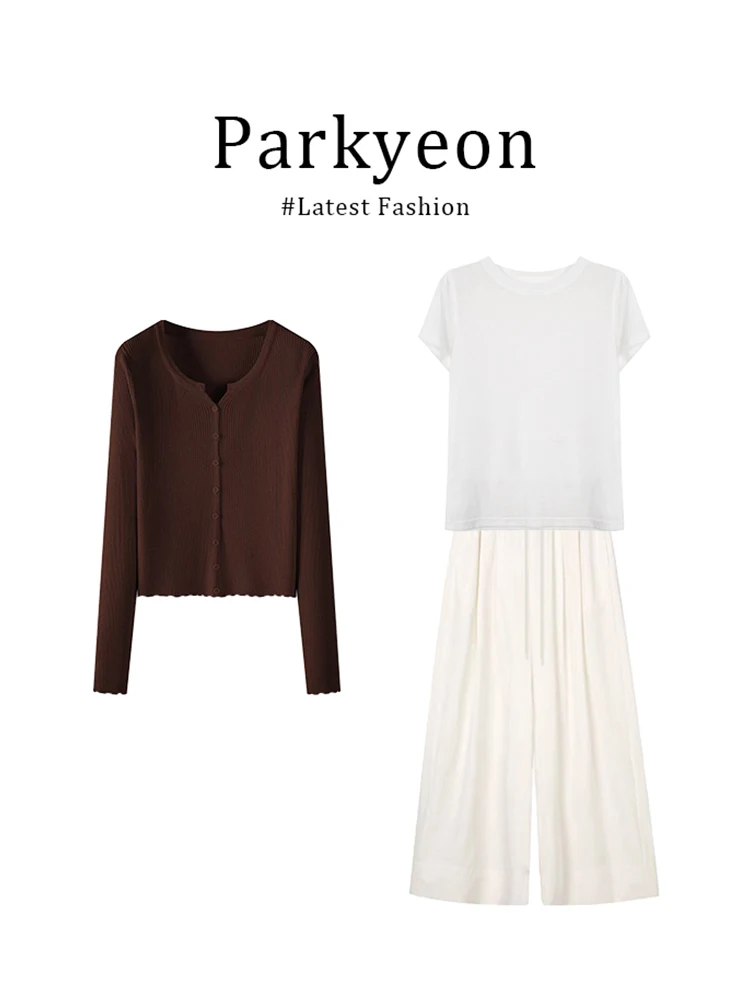 

Повседневный вязаный кардиган с коротким рукавом, футболка, широкие брюки — комплект из трех предметов для женщин, весна-лето, тонкий, кофейного цвета, длинный S...