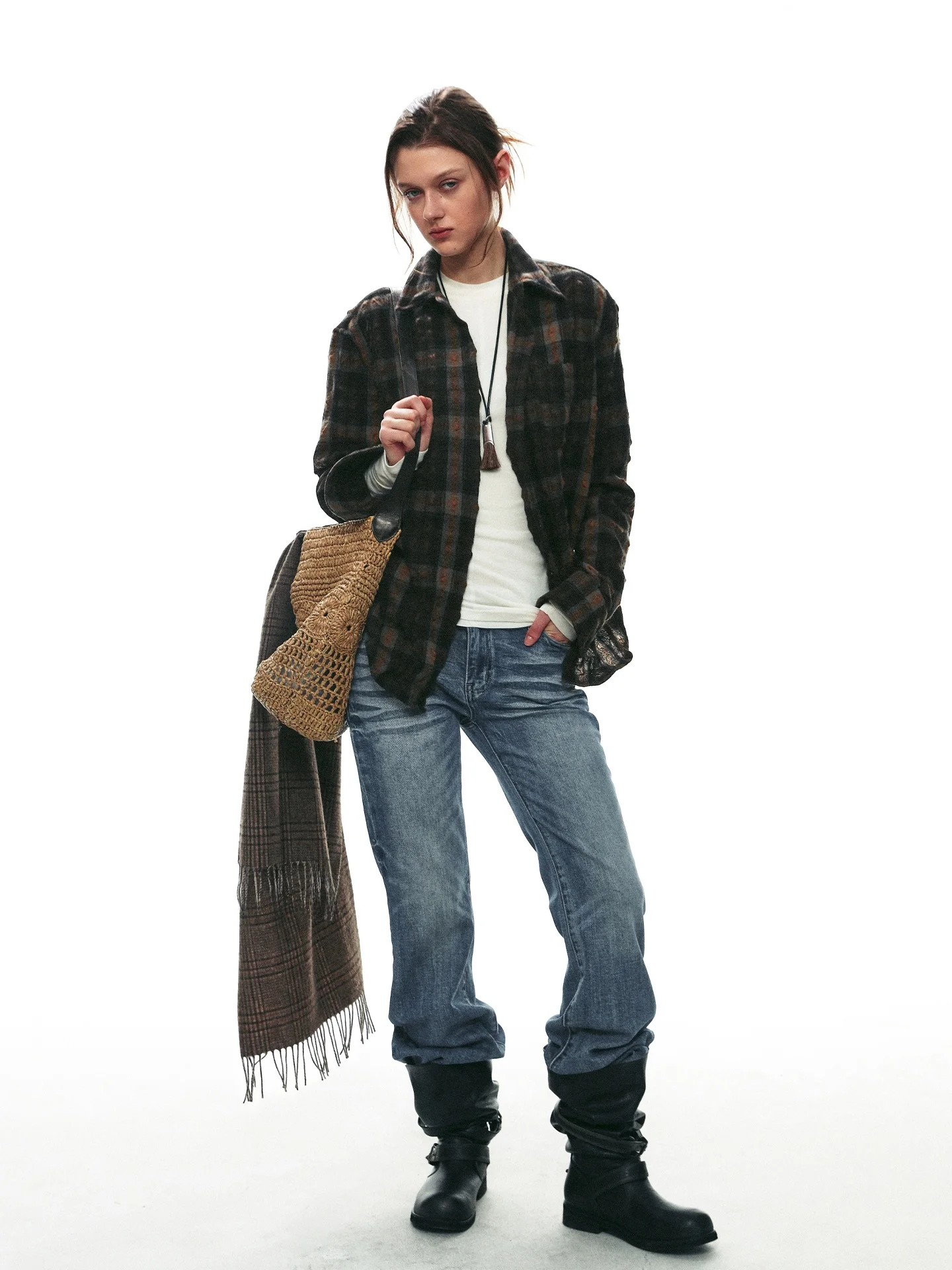 Retro Texture Woven Long Sleeve Shirt Women's Loose Fit Checkered Pattern Commute Friendly Single Moment 26AW Collection