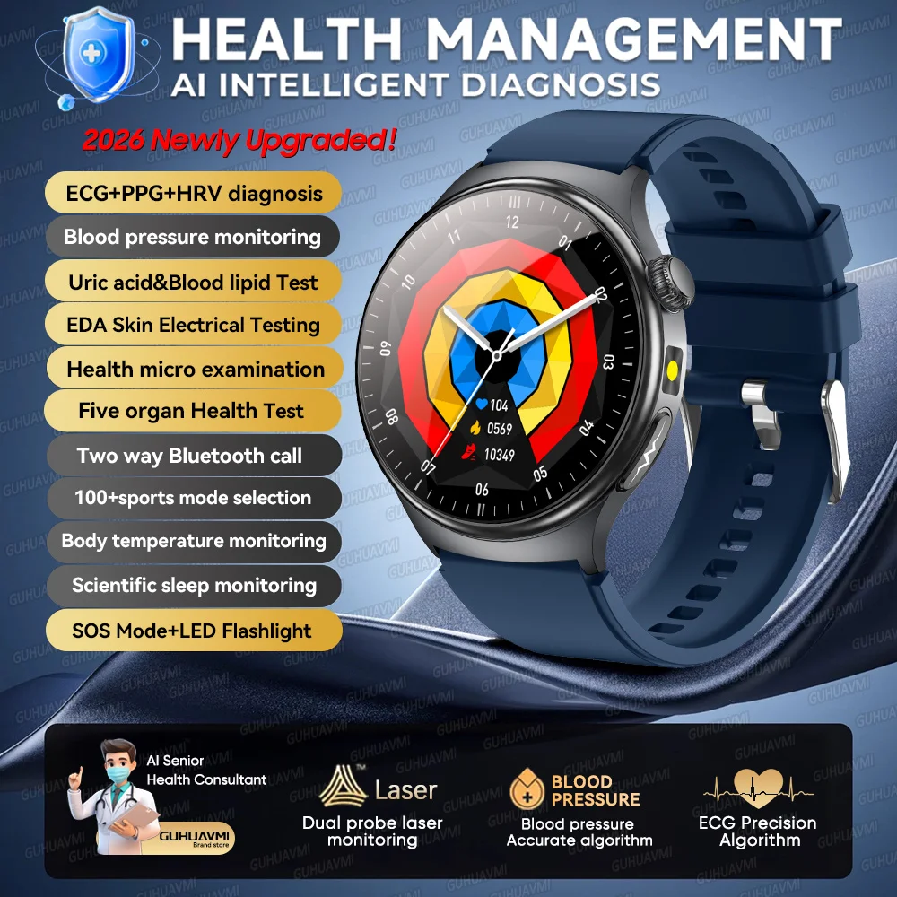 2026 Nieuwe Micro Fysieke Onderzoek Gezondheid Smartwatch Heren ECG Urinezuur Lipiden Bloeddruk BT Oproep Smartwatch Voor Android IOS