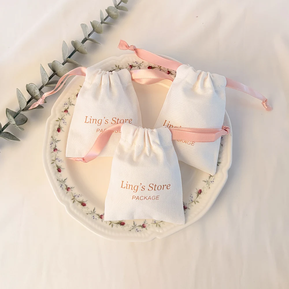 

100Pcs Personalized Logo Jewelry Cotton Bag Drawstring Silk Ribbon Pouch Earrings Ring Pendant Bracelet Necklace Stud Organizer