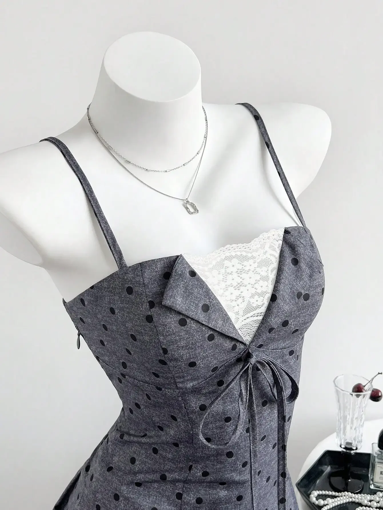 

Women's Polka Dot Lace Twist Pleated Fashionable Date Night Mini Camisole Dress Polka Dot Dress Pink Dress