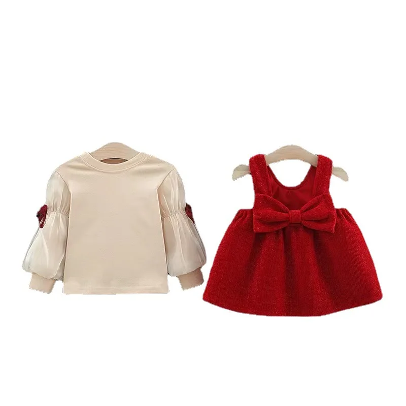 new spring autumn girl underwear clothes 2pc/set top+dress 90%cotton children baby kids students red fashion 80-110 1-4year