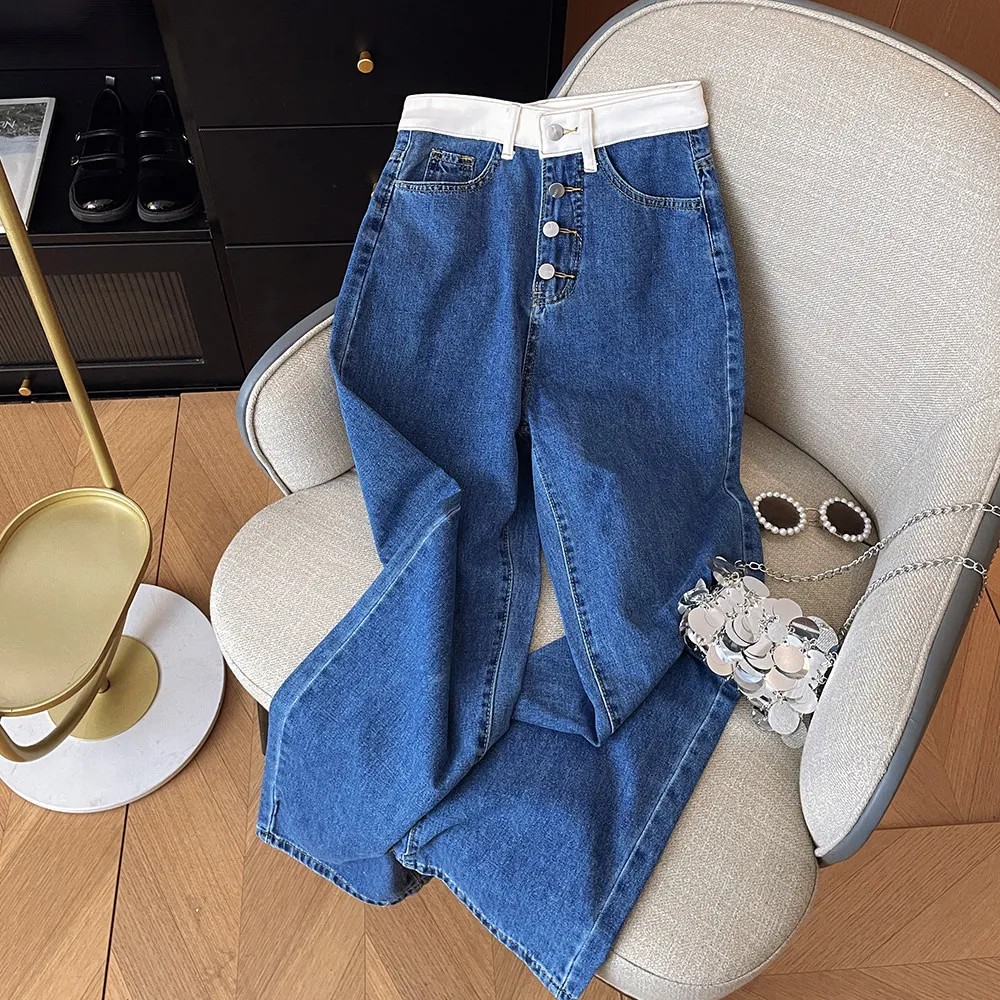 Vintage Blue Splicing Women's Jeans Autumn Personalized High Waist Straight Wide Leg Pants Slim-looking Streetwear Trousers