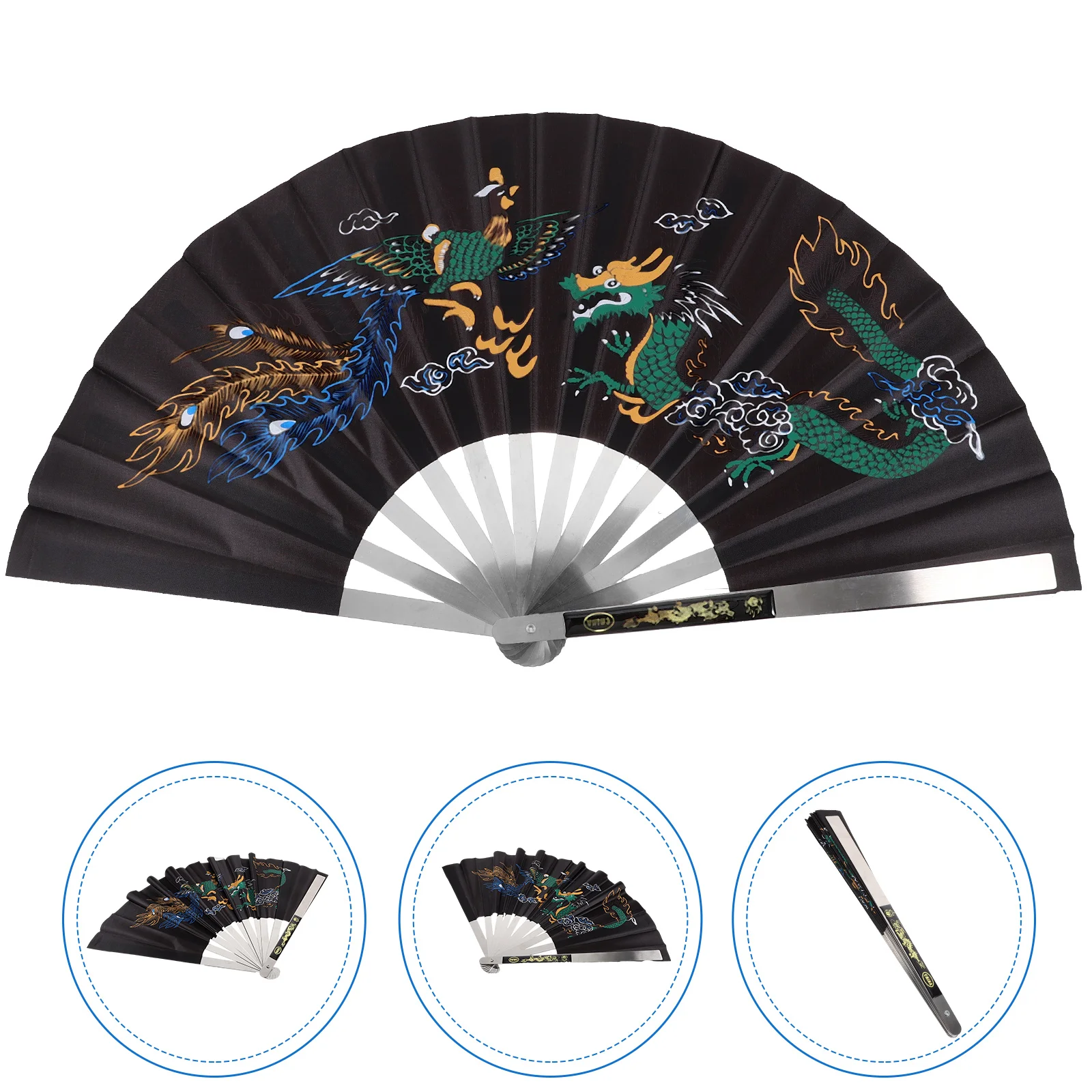 Dragon and Phoenix Peony Fan Decorate Hand Foldable Folding Handheld Kung Fu Metal Stainless Steel Man Baby Dancing for Chinese