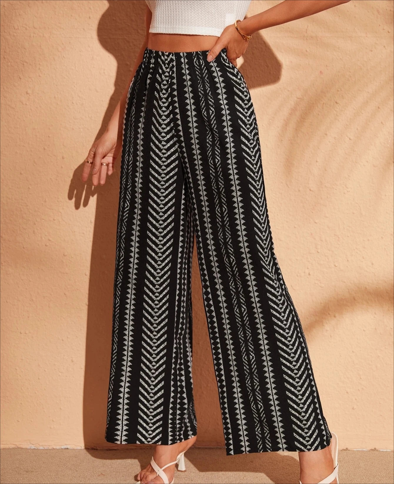 Hot Selling Fashion Army Green Summer New Bohemian Vacation Leisure Geometry 3D Printed Wide Leg Pants in Large Size