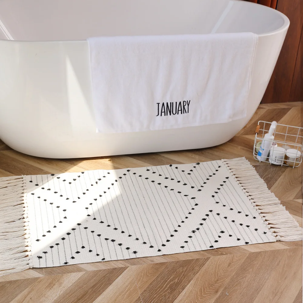 Modern Minimalist Geometric Woven Floor Mat Polyester Fiber Rectangle Rug Hand-Washable Surface Multiple Tassel Rolled-Edge