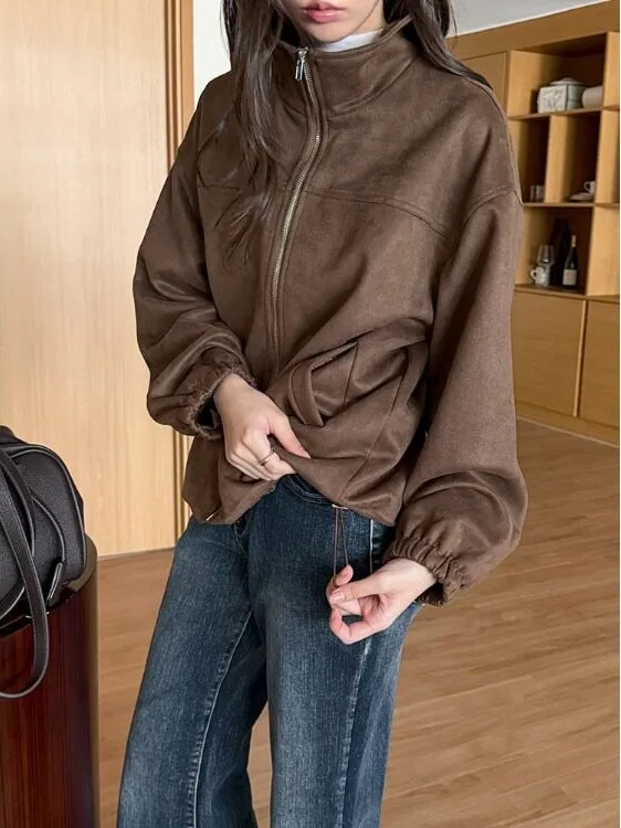 American Retro Suede Jacket Women's Autumn Winter Loose Shape Casual Top Small Size Composite Fabric Ladies Short Coat