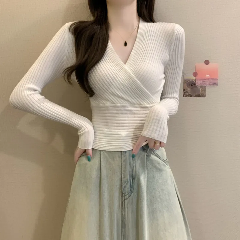 Ribbed Knit Wrap Top Long Sleeve V-neck Slim Fit Crop Top Cinched waist Sweater Pullovers for Women Autumn Winter Coquette Y2K