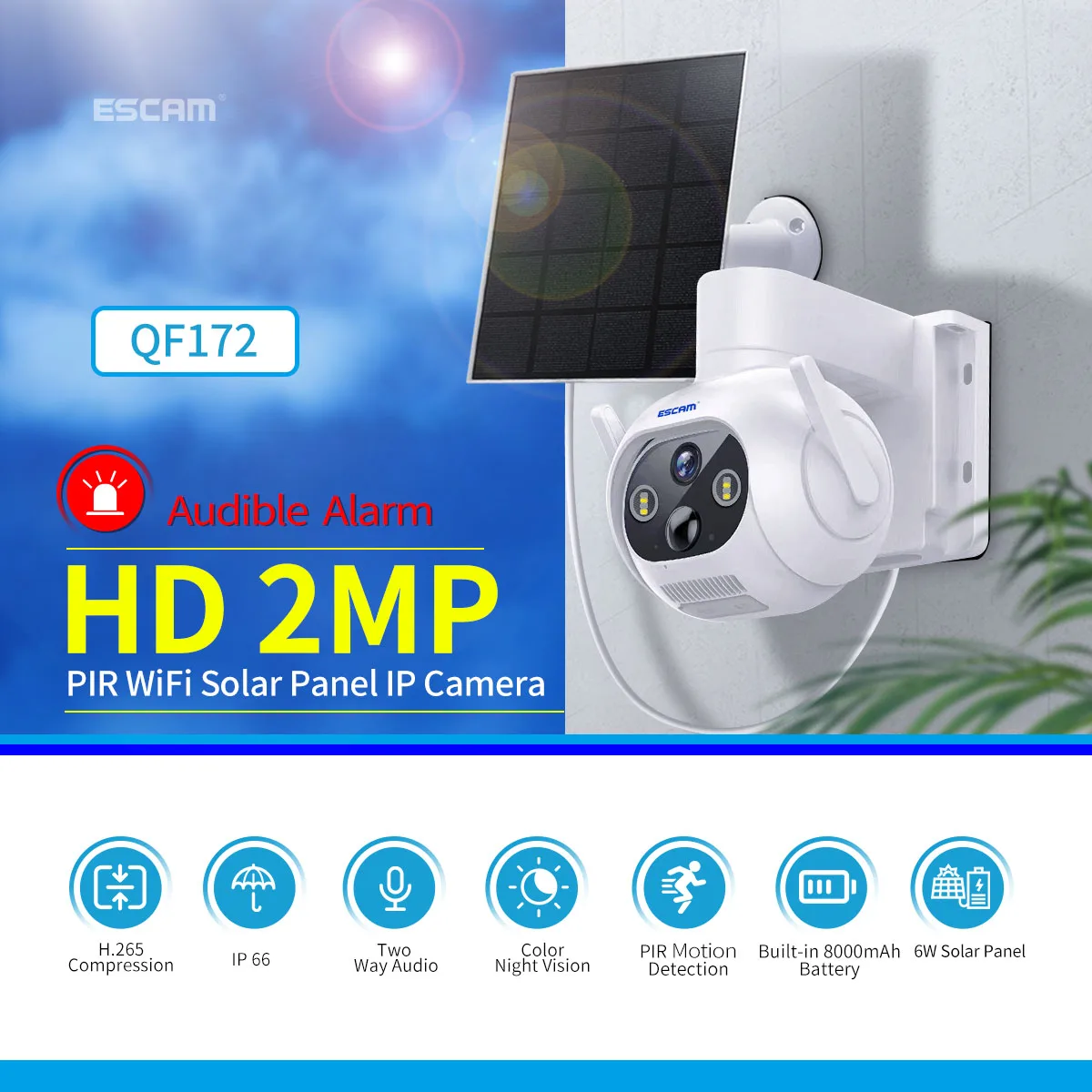 2MP 1080P ESCAM QF172  iCsee APP Solar Power Wireless IP Dome Camera AI Humanoid Detection Outdoor Alarm WIFI CCTV Baby Monitor