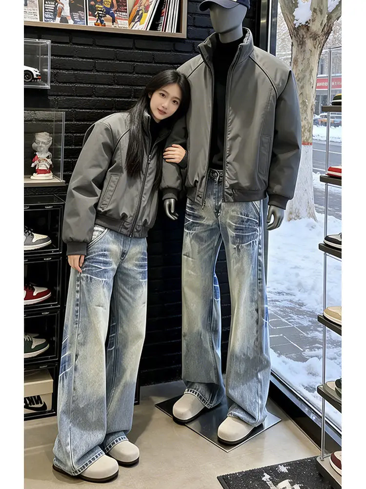 Cleanfit Retro Lightning Pattern Flared Jeans Loose Straight Casual Long Trousers for Men And Women High Street Style Denim