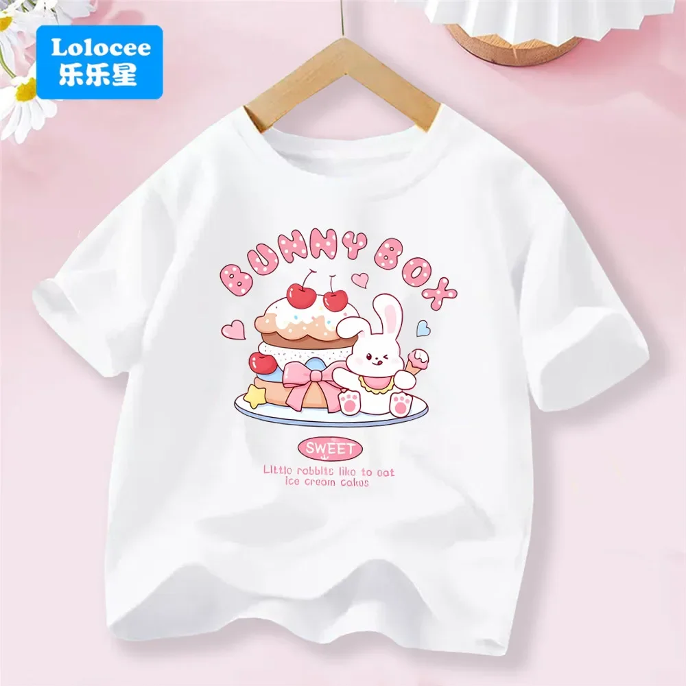 تي شيرت مطبوع عليه كعكة الآيس كريم الوردية من Sweet Day للفتيات ملابس أطفال ناعمة قابلة للتنفس بنمط أرنب ملابس على الطراز الحلو