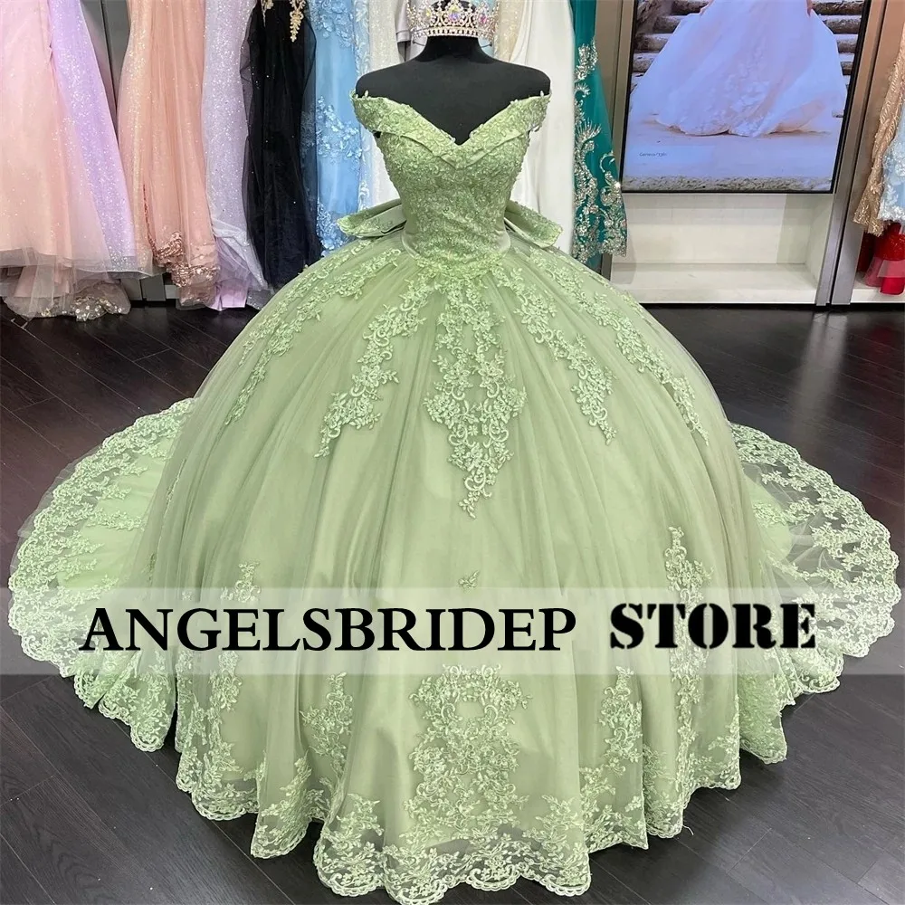 Angelsbriep verde fora do ombro quinceanera vestidos com laço delicado rendas vestidos de 15 anos formal festa de aniversário vestido de baile de formatura