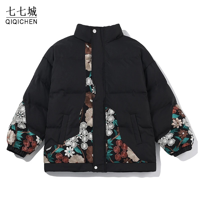 Winter Padded Jacket Men Cotton Embroidery Patchwork Stand Collar Thicken Jackets Harajuku Casual Loose Coat Unisex Streetwear