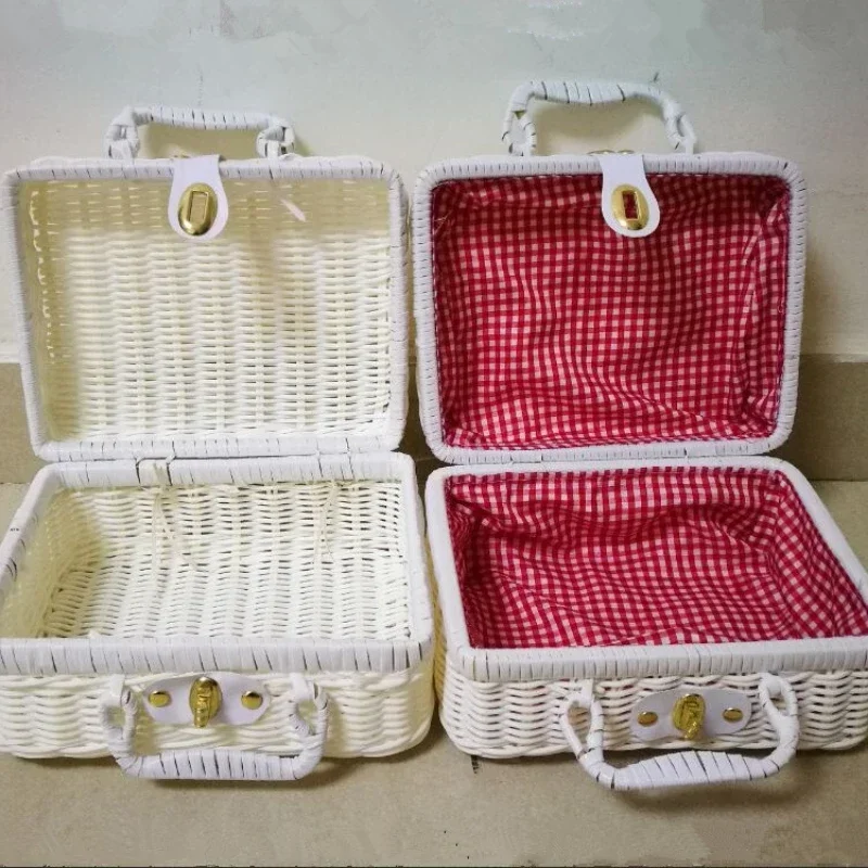 Retro Wicker Suitcase Vintage PP Rattan Picnic Basket with Handle Cosmetic Organizer Gift Box Travel Case Storage Woven