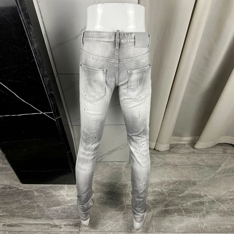 Fashionable new jeans, painted, washed, nostalgic, stretchy, slim fit, retro, light gray men's jeans, designer high street hip-h