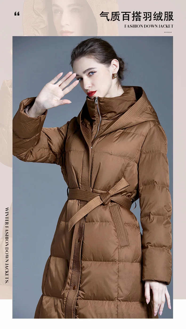 Autumn and Winter New White Duck Down for Women Mid To Long Style, Waist Cinched Hood Thickened Warm Jacket