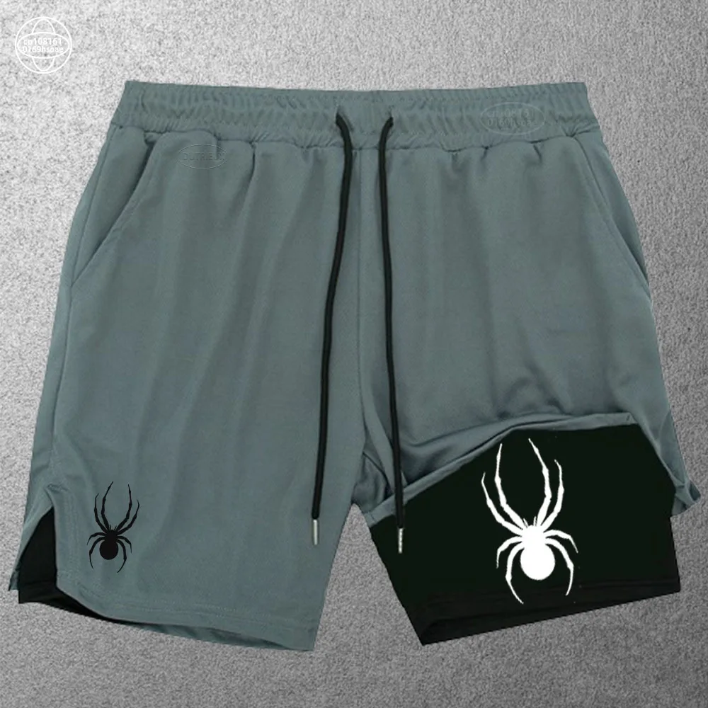 Spider Print Running Shorts Men Gym Sports Shorts 2 In 1 Quick Dry Workout Training Gym Fitness Jogging Short Pants Summer