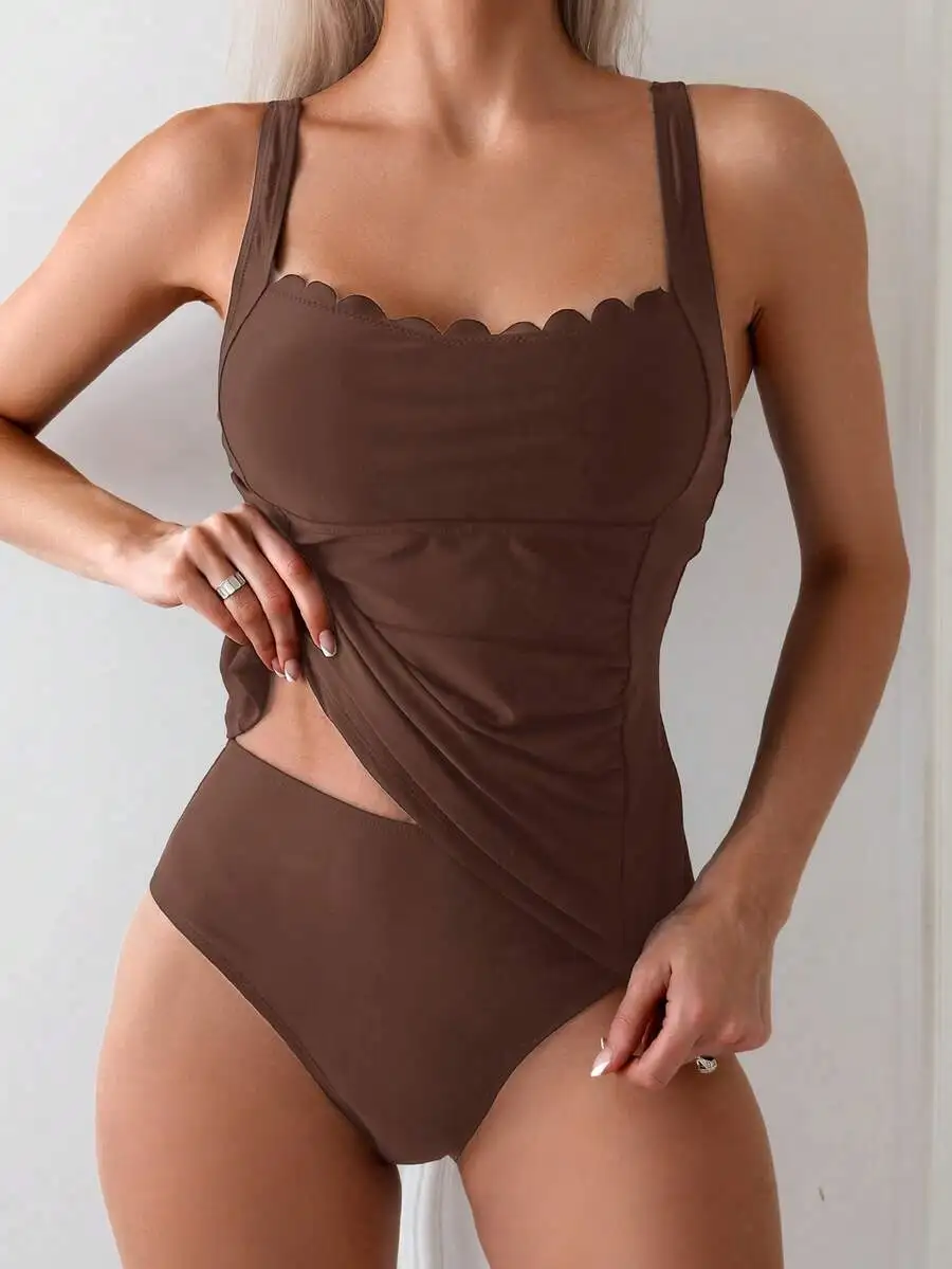 

Womens Solid Color Ruched Scallop Edge Tankini Swimsuit For Beach Vacation