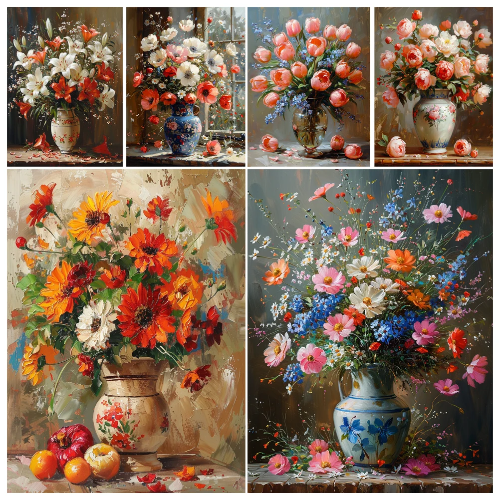 Resin Art Work - ชุดระบายสีภาพวาดดอกไม้สไตล์วินเทจในแจกัน ภาพวาดทิวทัศน์ตามตัวเลข งานศิลปะ DIY บนผ้าแคนวาส ของตกแต่งบ้าน