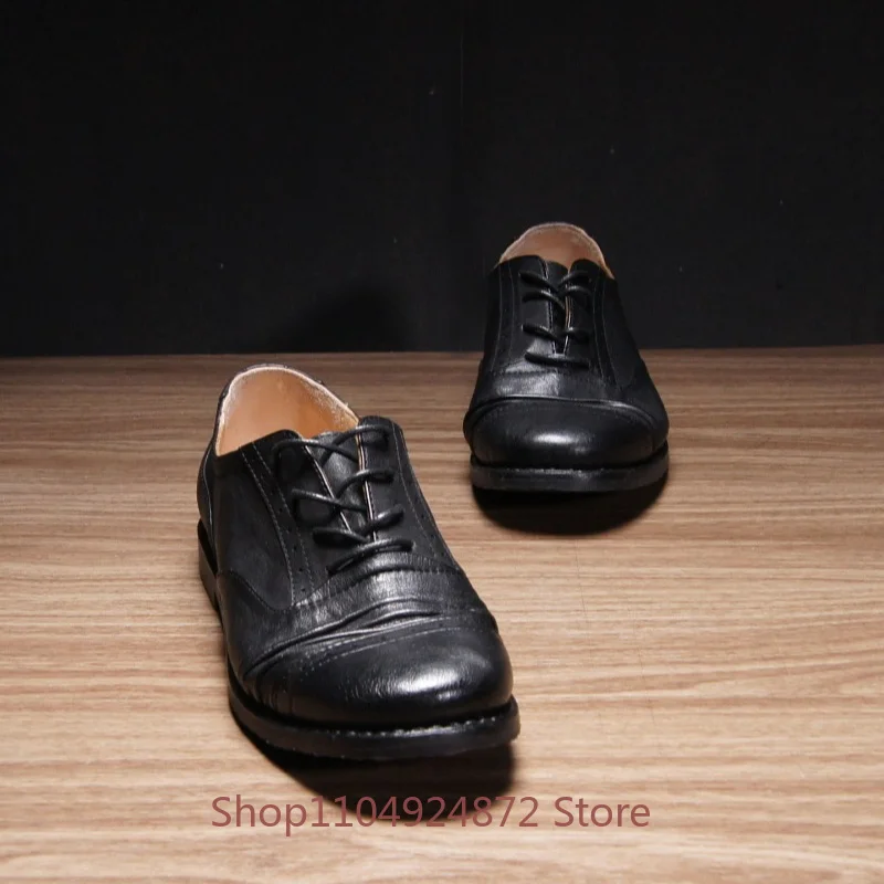 British Style Fashion Casual  Genuine Leather Men's Shoes Office Wear-resistant Round Toe Lace Up Business Oxford Shoes Male