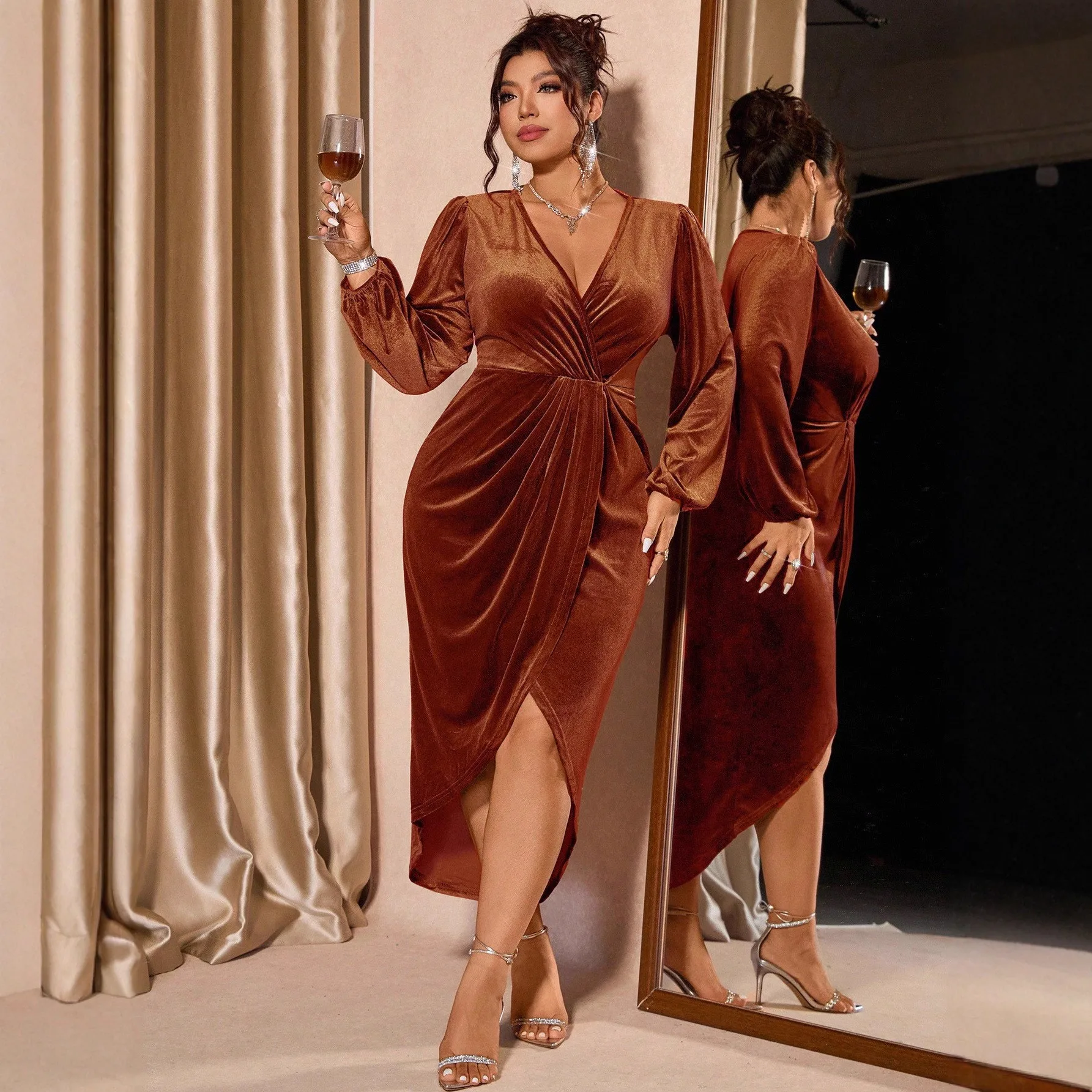 Women's Elegant A-Line V-Neck Long Lantern Sleeve Velvet Midi Slit Solid Color Dress for Wedding Guest Party Prom Wedding Party