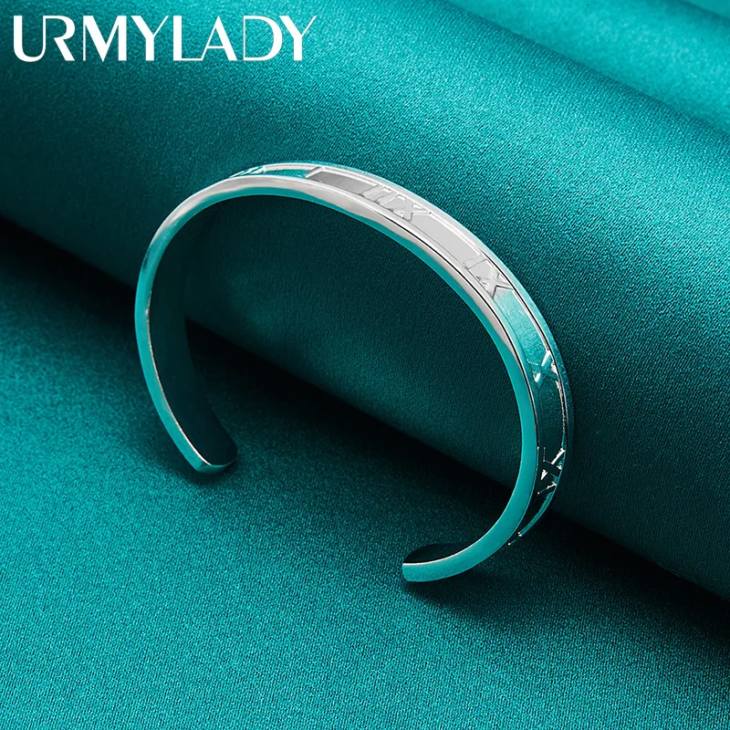 URMYLADY 925 Sterling Silver 7MM Round Roman Numerals Bangle Cuff Bracelet For Women Fashion Wedding Party Charm Jewelry