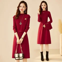 Women Two Piece Set Temperament Elegant O-neck Midi Dress 2024 Autumn Winter Office Lady Solid Commute Soft Slim Knit Dresses