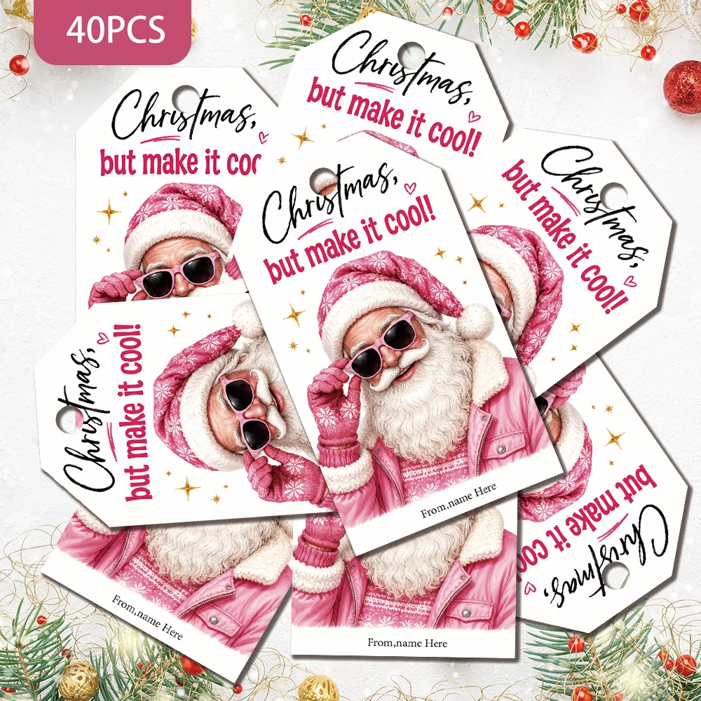 40Pcs Custom Text Christmas Gift Tags, Trendy Cool Pink Santa With Sunglasses Personalized Hanging Labels,with Jute Rope