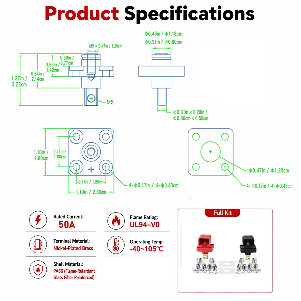 1 Paar 50A 80A 100A 120A 150A 200A Quadratische Vollkupfer-Hochstrom-Lithium-Energiespeicher-Steckverbinder für Wandmontage-Batterieanschlüsse – Detail 5