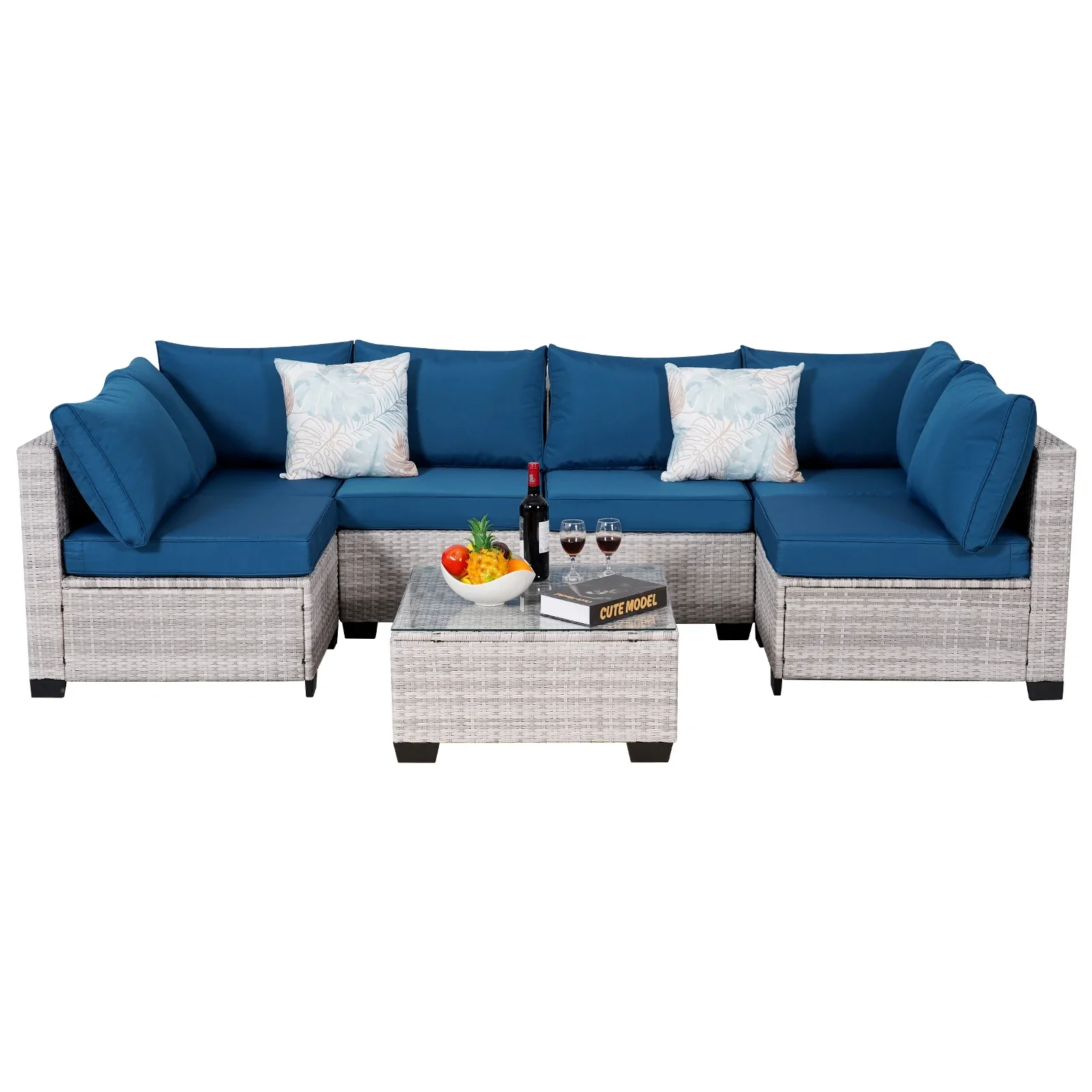 Outdoor Patio Furniture, 7 Piece Outdoor Sectional Sofa  Rattan Wicker Patio Conversation Sets with Thick Cushions