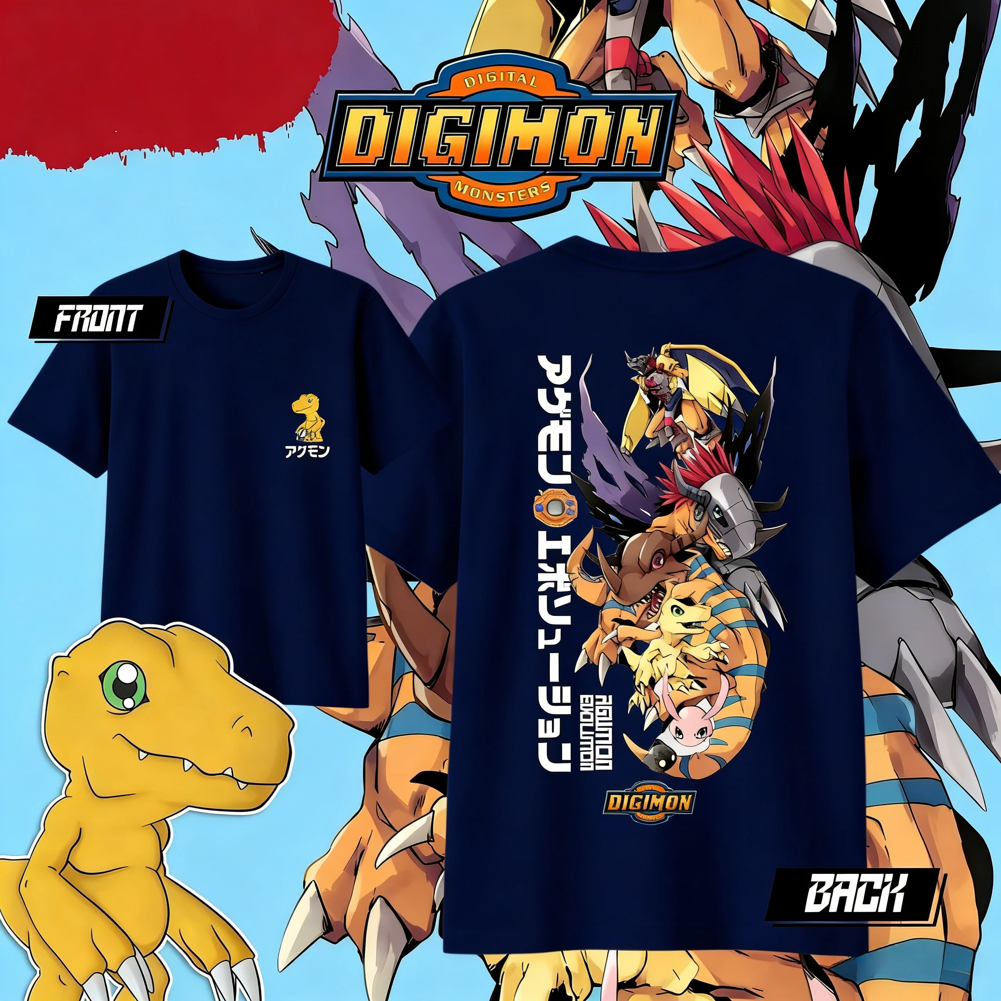 Digimon Agumon Evolution T-Shirt aus reiner Baumwolle für den Sommer 2026, modisches, lässiges Kurzarm-T-Shirt für Kinder/Herren/Damen, Streetwear