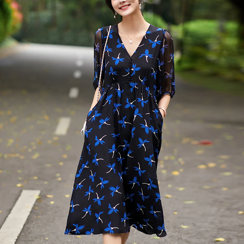 

Summer Dresses For Women 2024 Elegant V-neck Half Sleeve Vintage High Waist Floral Print 100% Real Silk Women's Long Dress