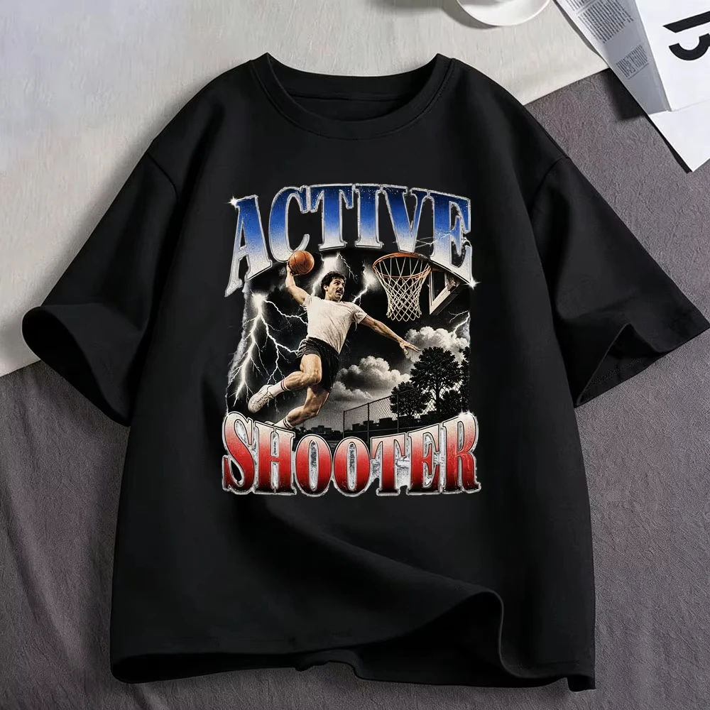 Active Shooter Funny Basketball Graphic Print T-Shirt Men's Women Clothing Fashion Cotton Casual Oversized Short Sleeve T-shirts