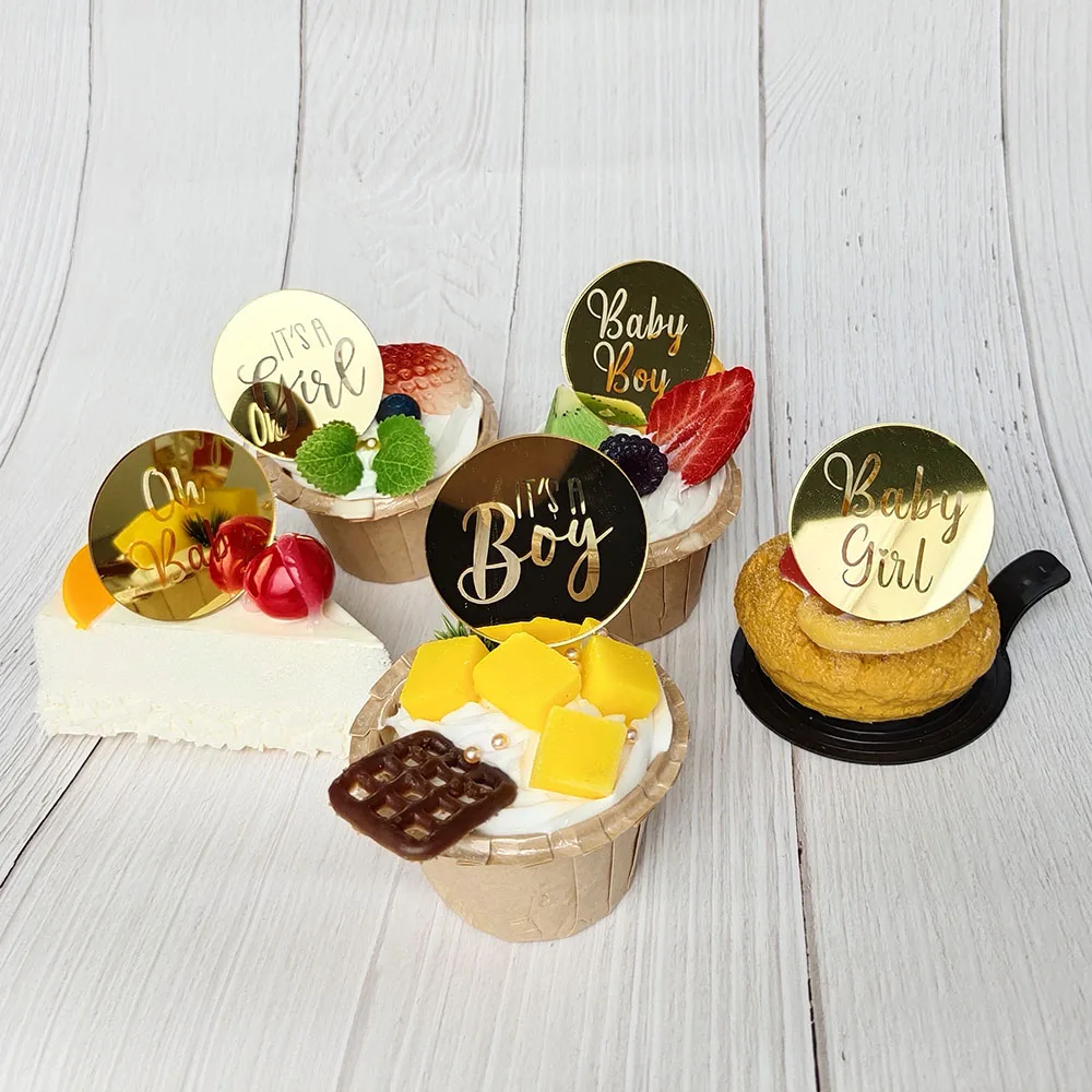 5/10 Stück Oh Baby Cake Topper Es ist ein Junge Mädchen Cupcake Topper Gold Acryl Kuchen Dekoration für Babyparty Geschlecht offenbaren Party – Detail 6