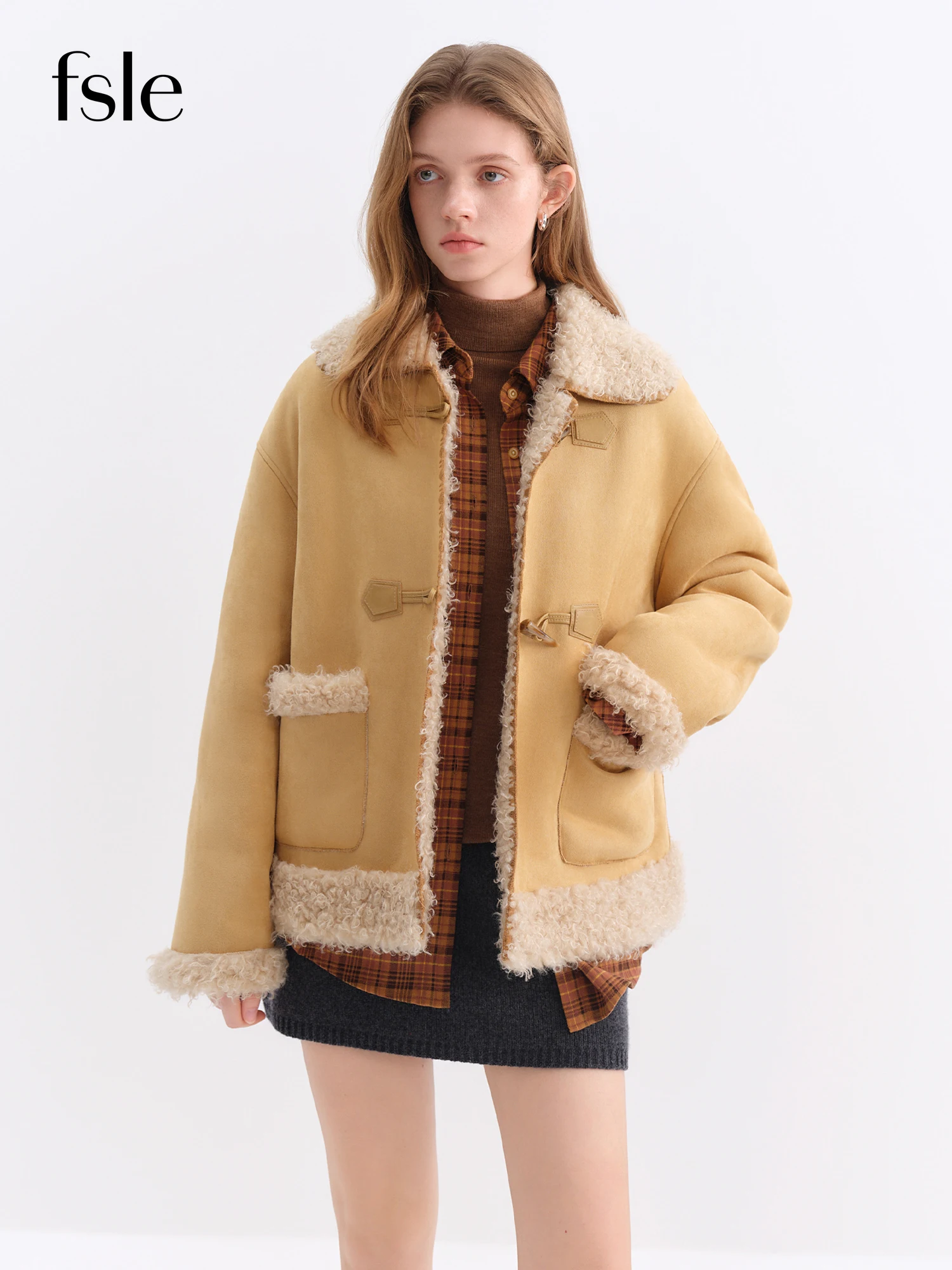 

FSLE Retro Design Suede Lambskin Coat for Women Winter 2025 New Imitation Fur Jackets Warm American Style Leisure Loose