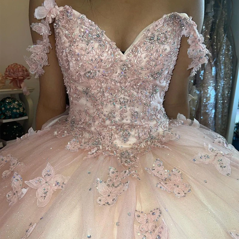 ANGELSBRIDEP Baby Pink Quinceanera Dress Ball Gown With Crystal 3D Butterfly Lace Beading Long Sweet 15 Vestidos De XV Años