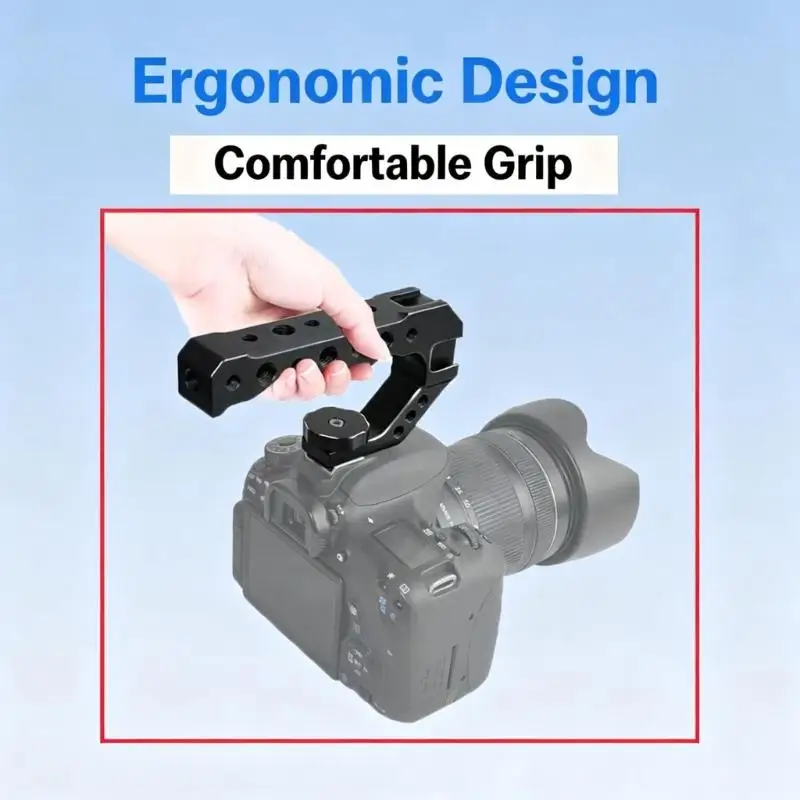 Camera Cage Grip for DSLR Configurations with 3 Staggered Cold Shoe Mounts for a Video Light, Sound Recorder, or Monitor D2RC
