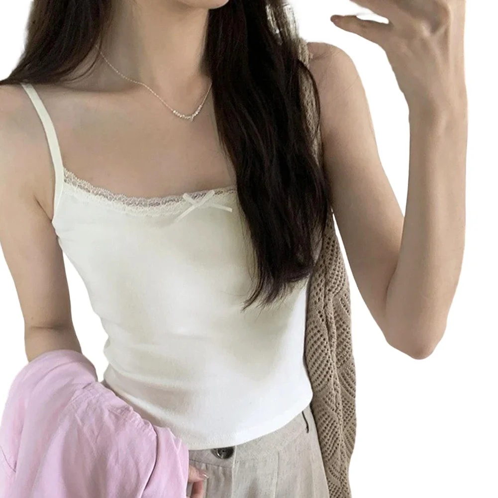 Women's Stretchy Sleeveless Lace Bow Camisole Vest Top In Solid Colors For Everyday Summer Outfits And Home Wear