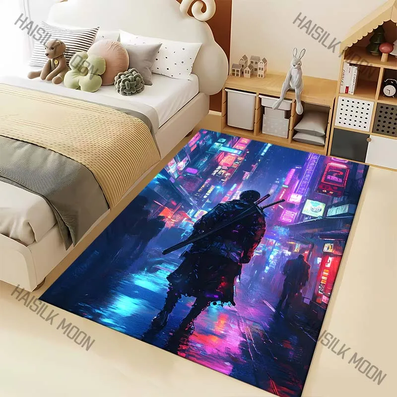 1PC Futuristic city, rainy night, warrior Carpet for Living Room Bedroom Sofa Home Decor Rus Non-slip Floor Mat Luxury Gift