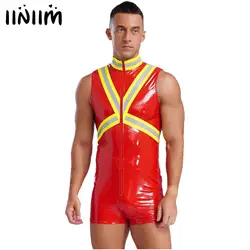 Mens Fireman Faux Leather Bodysuit Firefighter Cosplay Costume Stand Collar Sleeveless Front Zipper Reflective Stripe Jumpsuit