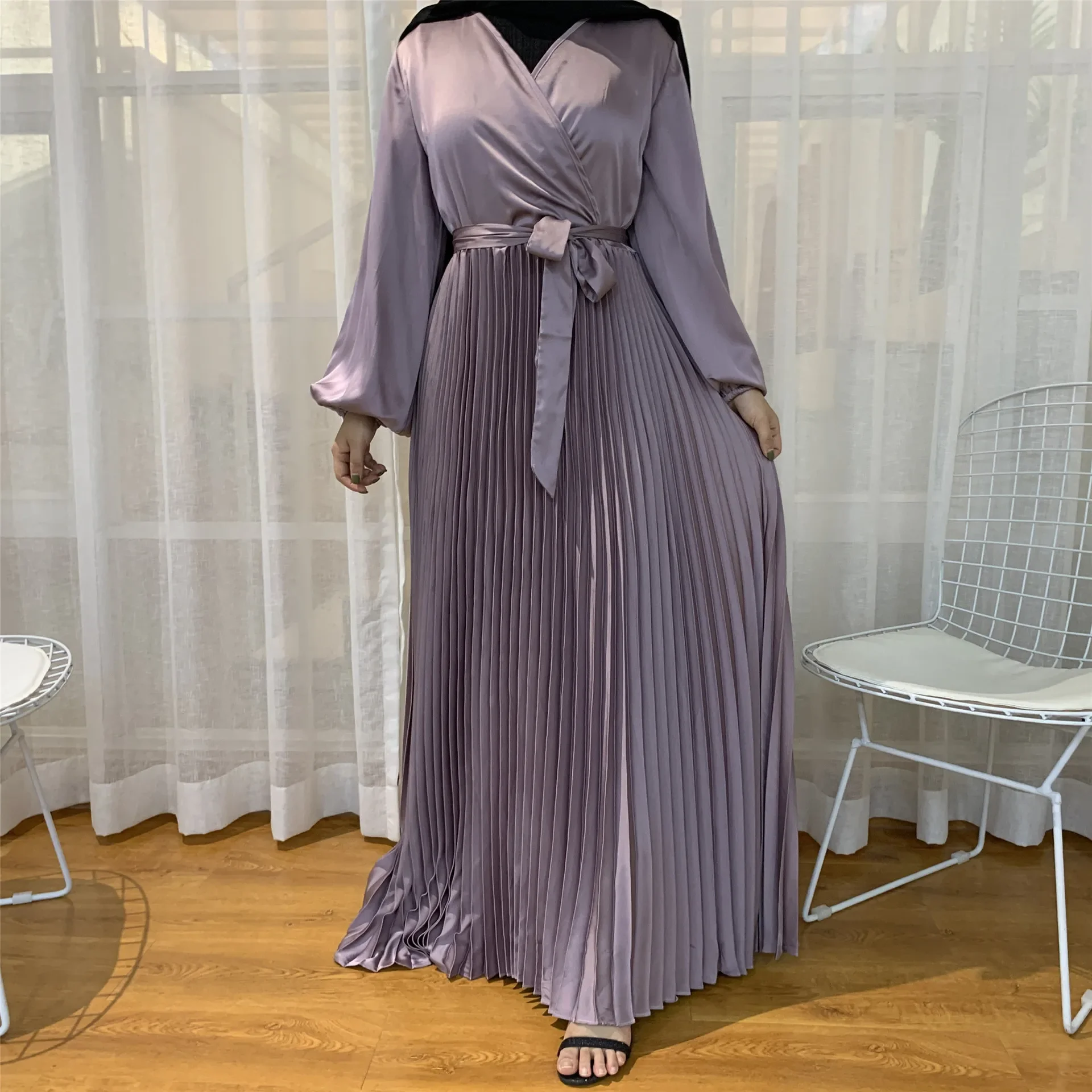 

Muslim Dubai Abayas Fold Dress for Women Simple Solid Color Lace-up Turkey Islam Patchwork Muslim Kaftan Robe Muslim Dress Women