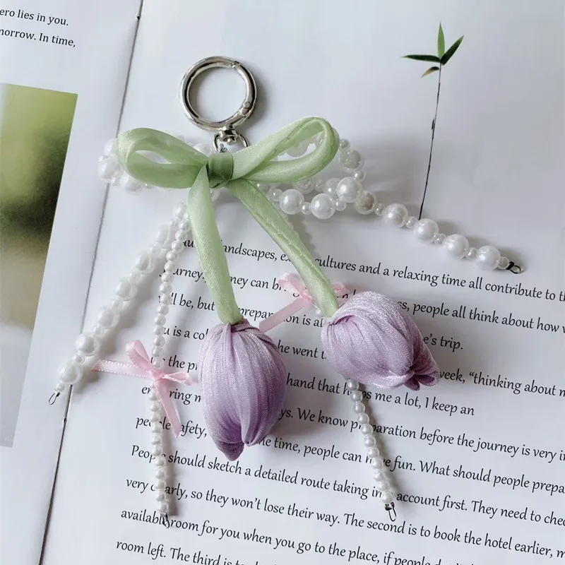 

ins Pearl tulip Bow Keychain - Bag Charm Chain for Women's Purse Hair Clip Gift