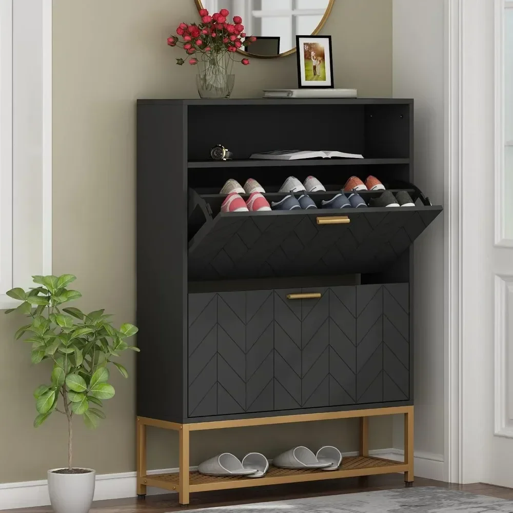 

Shoe Cabinet, Free Standing Tipping Bucket Shoe Rack Organizer with 2 Flip Drawers,Entryway Narrow Shoe Storage