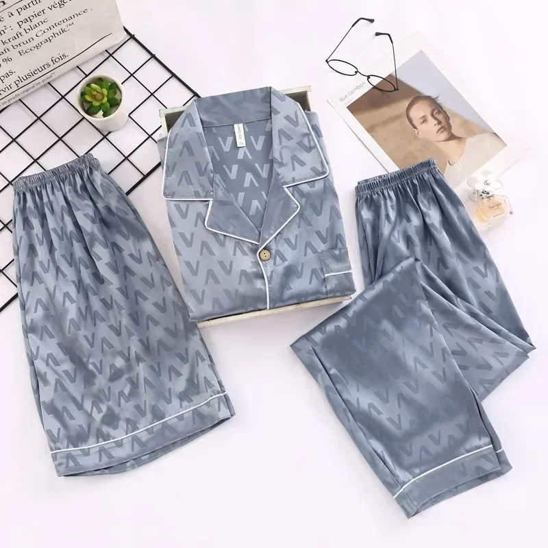 For Collar Short Autumn Piece Set Classic Shorts Summer Pijamas 3 Home Lapel Pajamas Loungewear Sleeve Man Soft Silk Wear Men